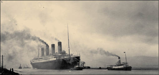 The Titanic being guided down Belfast Lough by the tugs Hercules Huskisson - photo 3