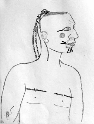 Drawing of the tribal male Karankawa pattern of tattoos and piercings Original - photo 5