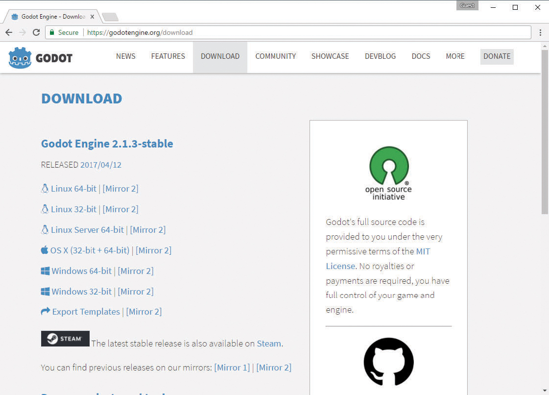 FIGURE 11 Godot Engine download page Downloading and Installing the Godot - photo 5