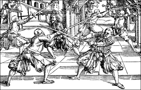 In the foreground a swordsman defends against his opponents Oberhau downwards - photo 3