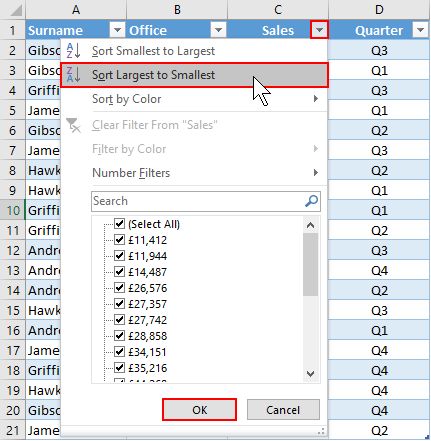 Fig 3-1 Sorting our data table by sales Click on the down arrow next to the - photo 6