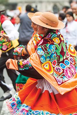 women in colorful indigenous costumes llama grazing above Machu Picchu - photo 7