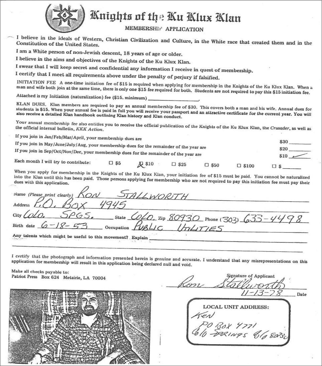 Ron Stallworths application to join the KKK Membership card to the Ku Klux - photo 6