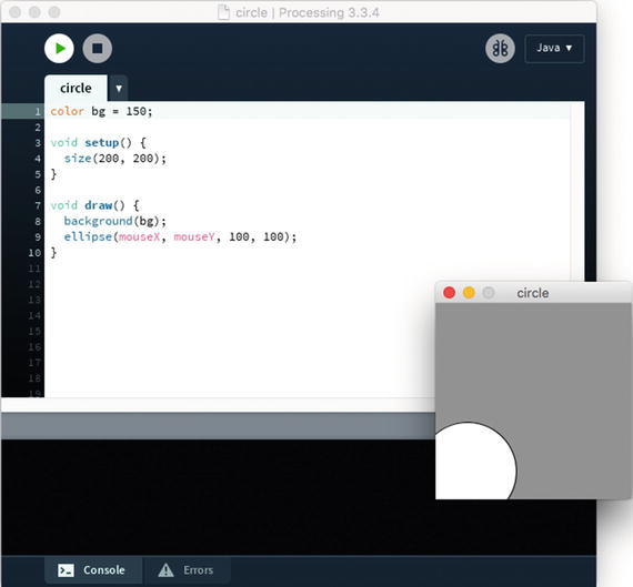 Figure 1-1 The Processing development environment showing a running sketch in - photo 1