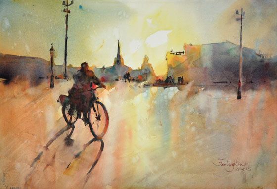 Morning Cyclist Fealing Lin 15 21 38cm 53cm Transparent watercolor on - photo 2