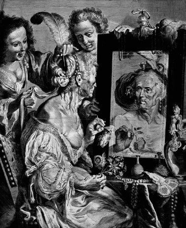 An old woman sits in front of a dressing table mirror while two younger women - photo 3