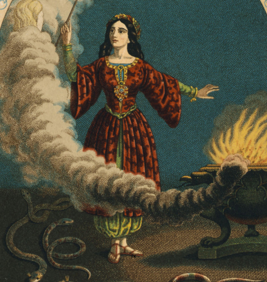 Patent medicine label c 1892 depicting a witch at her cauldron surrounded by - photo 5