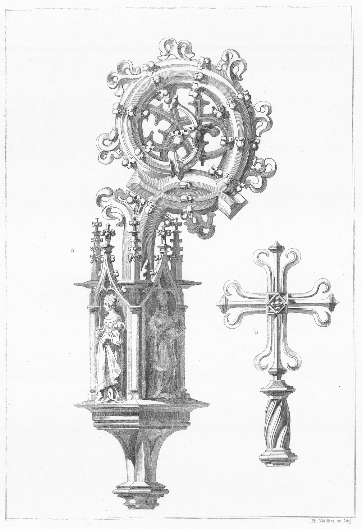 Bishops crosier and cross carved and gilded wood from two figures in an - photo 9