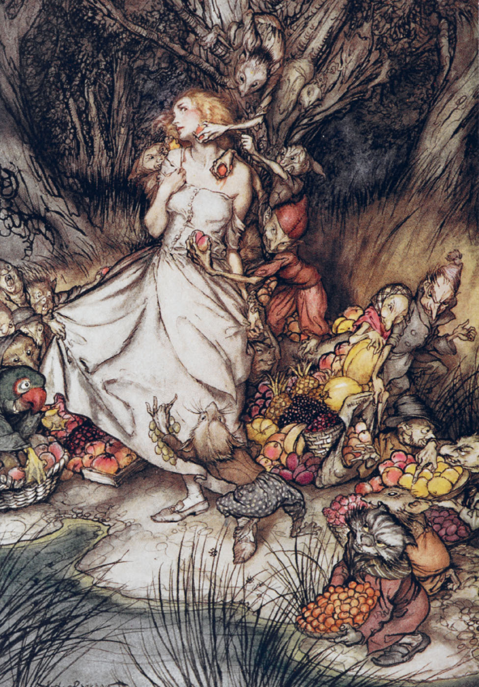 A girl standing under a tree surrounded by elves and goblins selling fruit an - photo 6