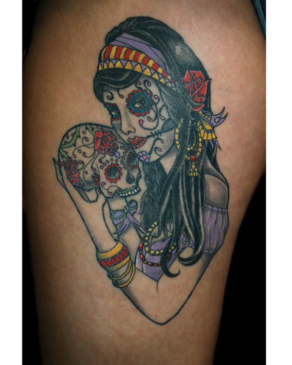 A sugar skull girl holding a sugar skull a homage to folk Mexican imagery by - photo 7