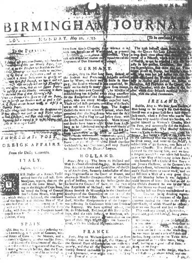 The only known surviving copy of the Birmingham Journal dated 21 May 1733 A - photo 14