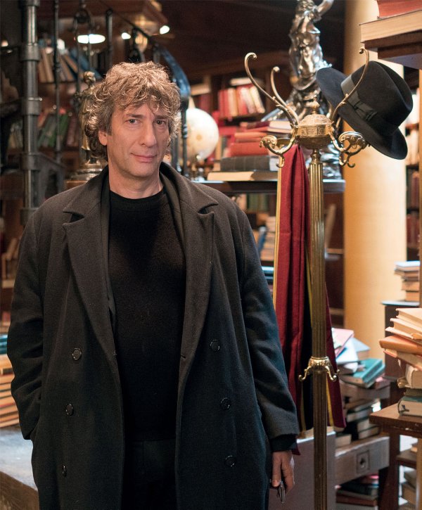 Neil Gaiman on set inside Aziraphales bookshop December 2017 Terry Pratchetts - photo 3