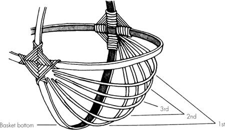 Place five spokes on one side of the basket bottom tucking the pointed ends - photo 8