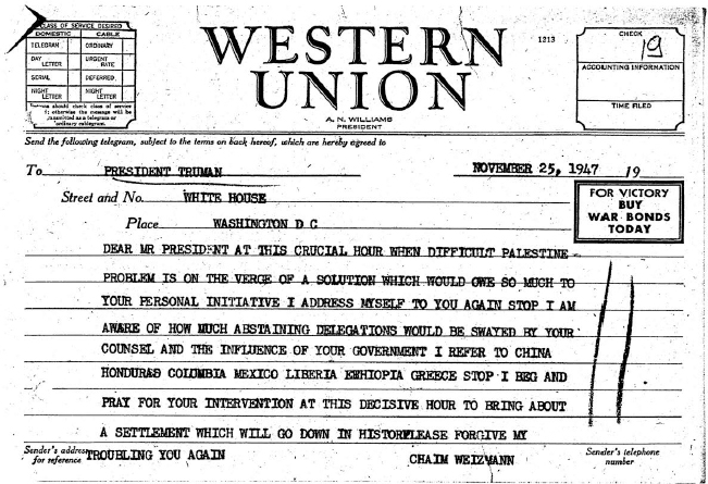 A telegram from Chaim Weizmann to President Harry Truman pleading for his help - photo 22