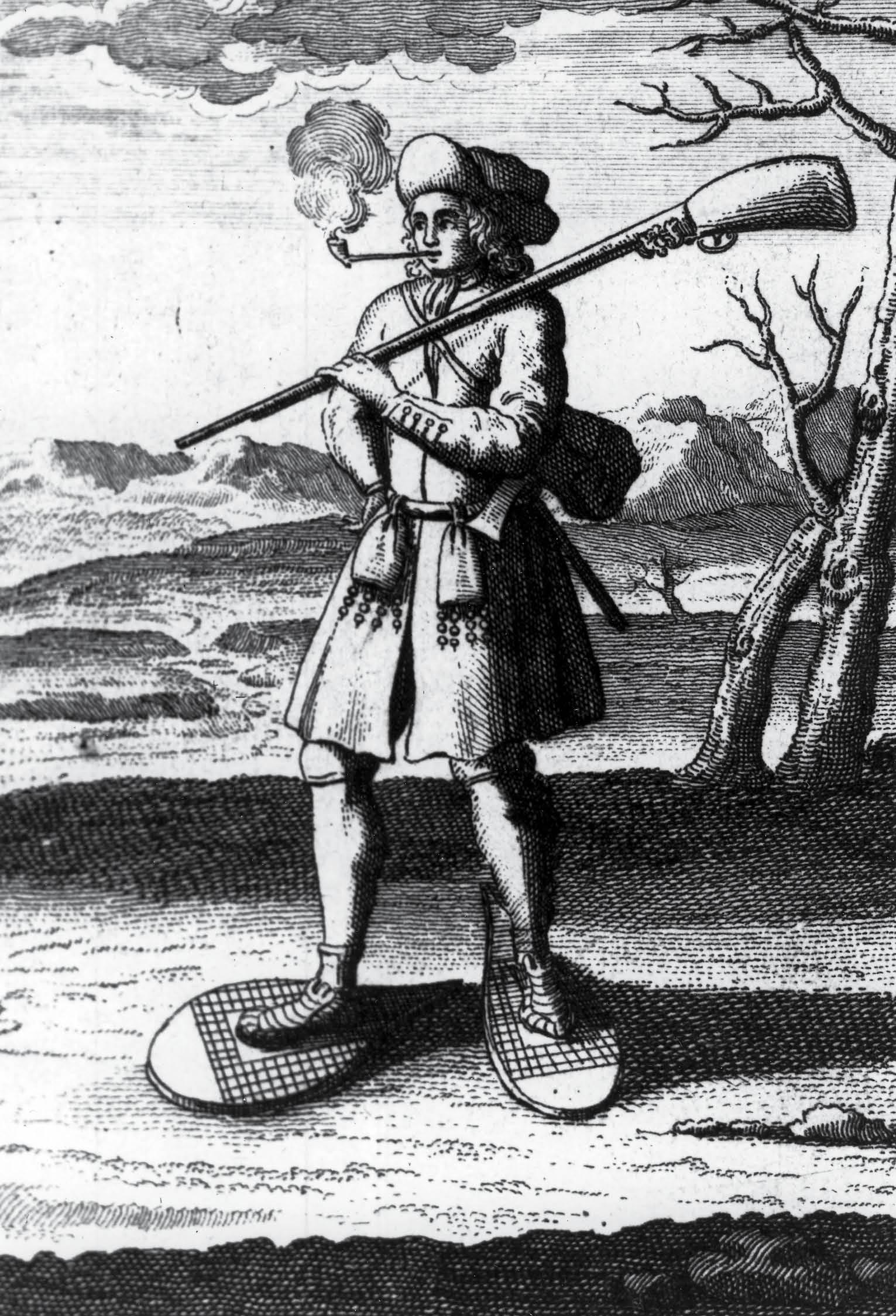 This engraving titled Canadian wearing snowshoes going to war on the snow from - photo 3