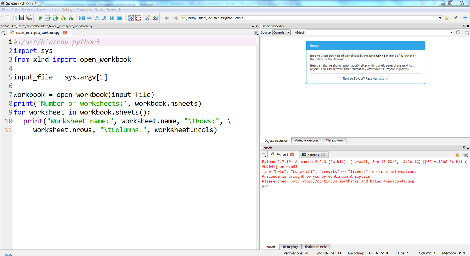 Figure 1-4 The 1excelintrospectworkbookpy Python script in Anaconda Spyder - photo 4