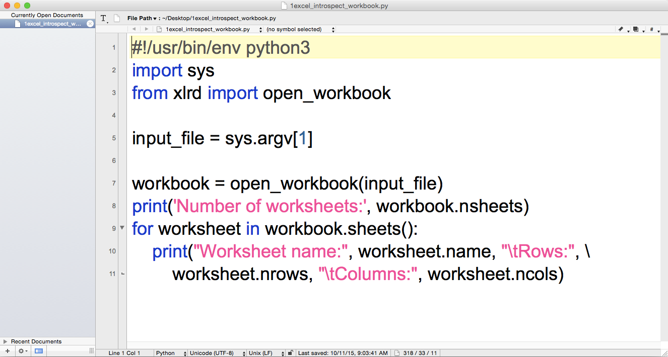 Figure 1-6 The 1excelintrospectworkbookpy Python script in TextWrangler - photo 6