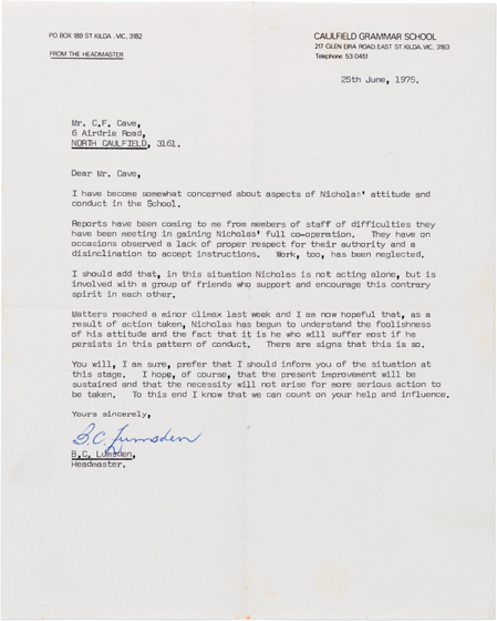 Letter from Caulfield Grammar School to Colin Cave 1975 Rowland S Howard - photo 11