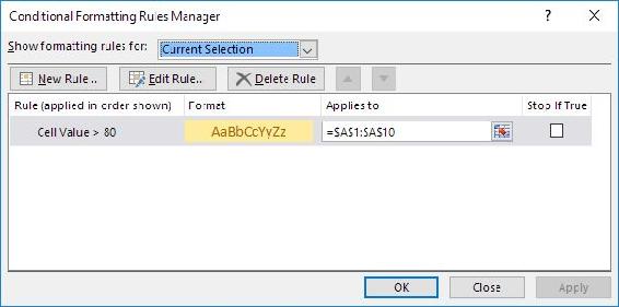 Note because we selected cell A1 Excel shows the rule applied to the range - photo 15