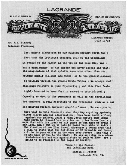 Letter from La Grande Klan secretary Harold R Fosner to Oregon governor Walter - photo 2