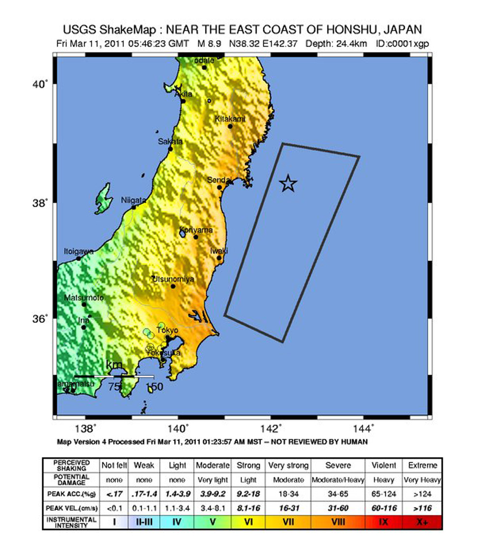 Shake Map of Region The earthquake originated in the Japan Trench which is - photo 3