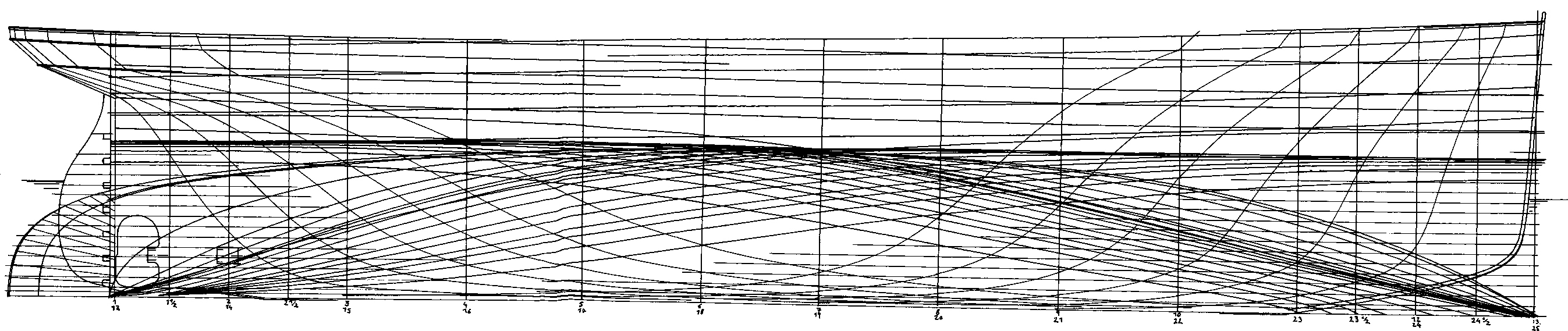 The lines plan shows the hull cut into a bow and stern section at the centre - photo 2