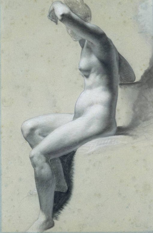 Seated Female Nude Black and white chalk stumped on blue paper Detail - photo 1