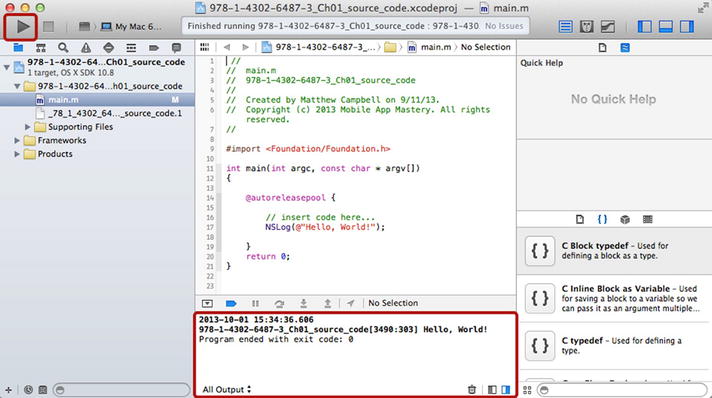 Figure 1-6 Building and running the Hello World code When you click the Run - photo 6