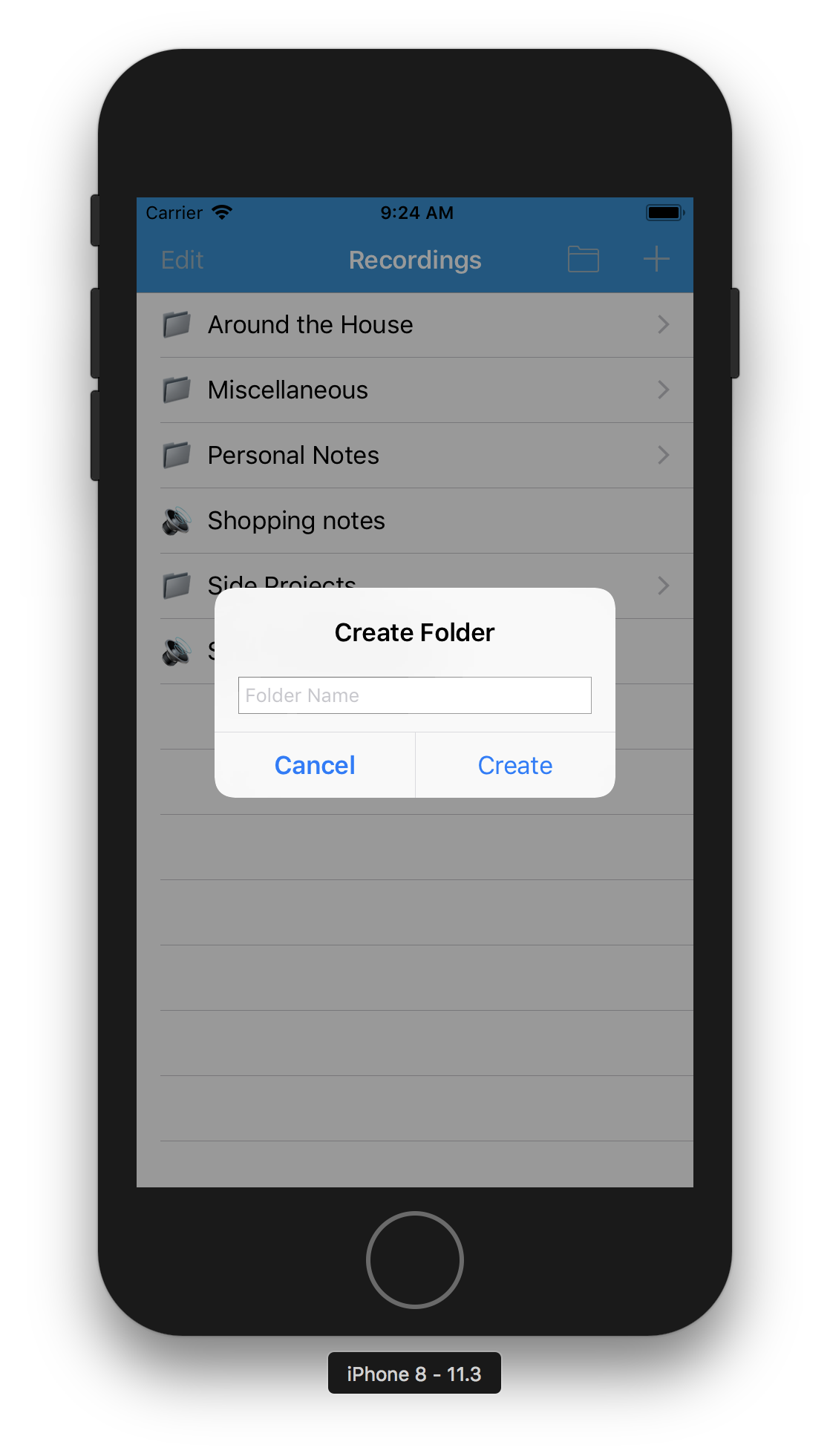 Adding a folder brings up a modal alert view that asks for the folder name and - photo 3