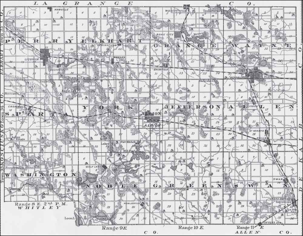 This 1876 map of Noble County shows the growth of early communities roads and - photo 2