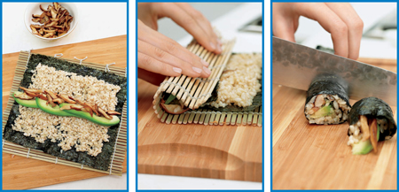 To assemble sushi Lay a sheet of nori shiny side down in front of you on a - photo 1