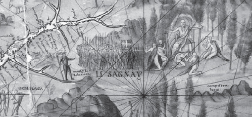 Detail of a map of New France showing French troops bearing pikes and a unit - photo 2