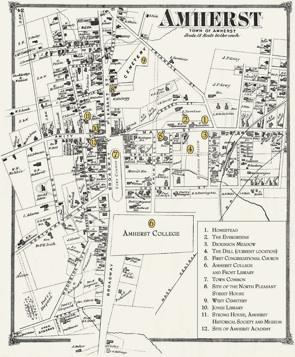 Locations around Amherst connected with Emily Dickinson overlaid on an 1873 - photo 7