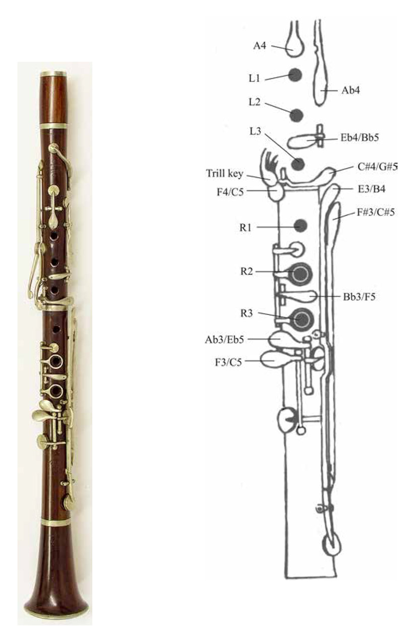 Figure 33 Left Albert system clarinet Right Diagram of keys and tone holes - photo 4