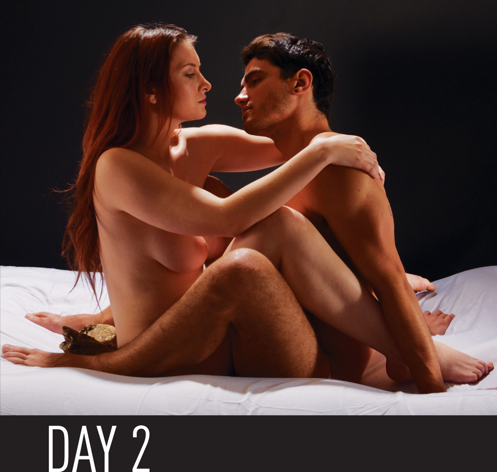 The couple sit facing each other on the bed She brings her legs over his as he - photo 3