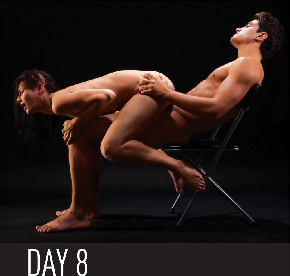 Hes seated low in a chair with his knees bent and feet flat on the floor - photo 9