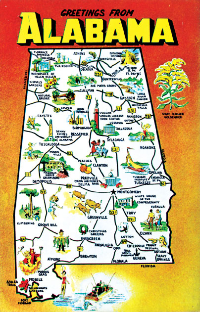 This vintage postcard map of Alabama includes many of the attractions and - photo 2