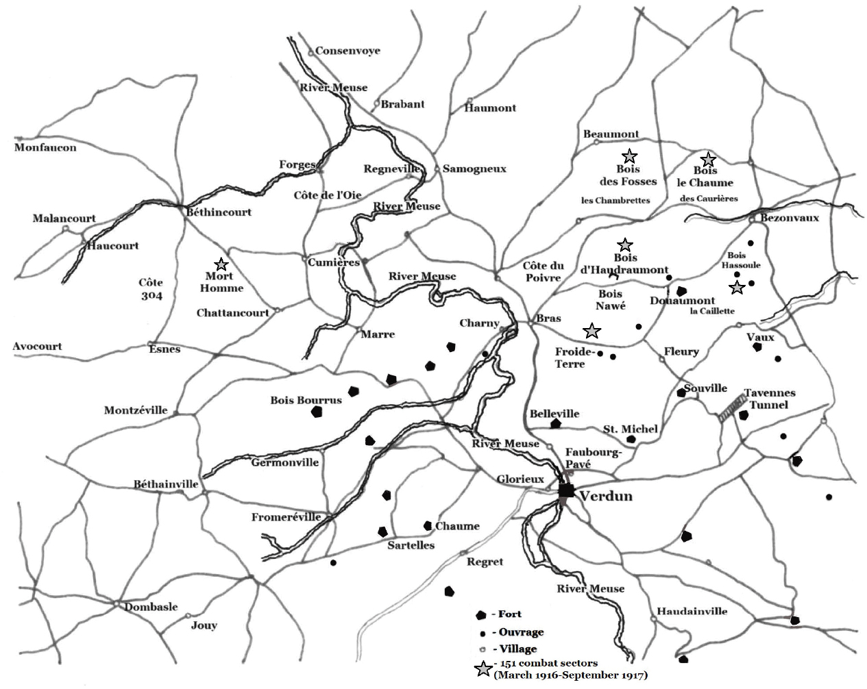 Map 2 The Verdun Fortified Region 1916 Stars indicate the combat sectors of - photo 4