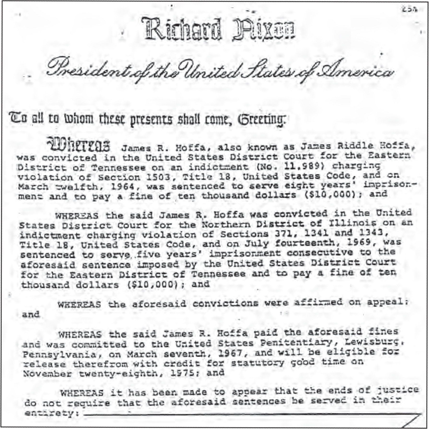 The first page of Nixons presidential pardon of Hoffa John Mitchells - photo 11