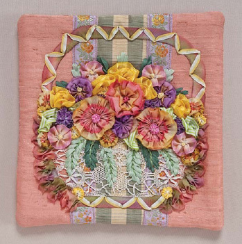 Rococo Pillow 6 7 Ribbonworked flowers stitched to silk background with silk - photo 15