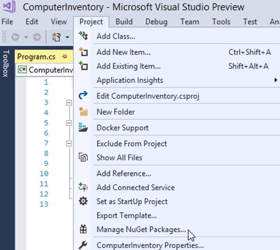Figure 1-1 Location of NuGet package manager Step 3 Add the following - photo 1