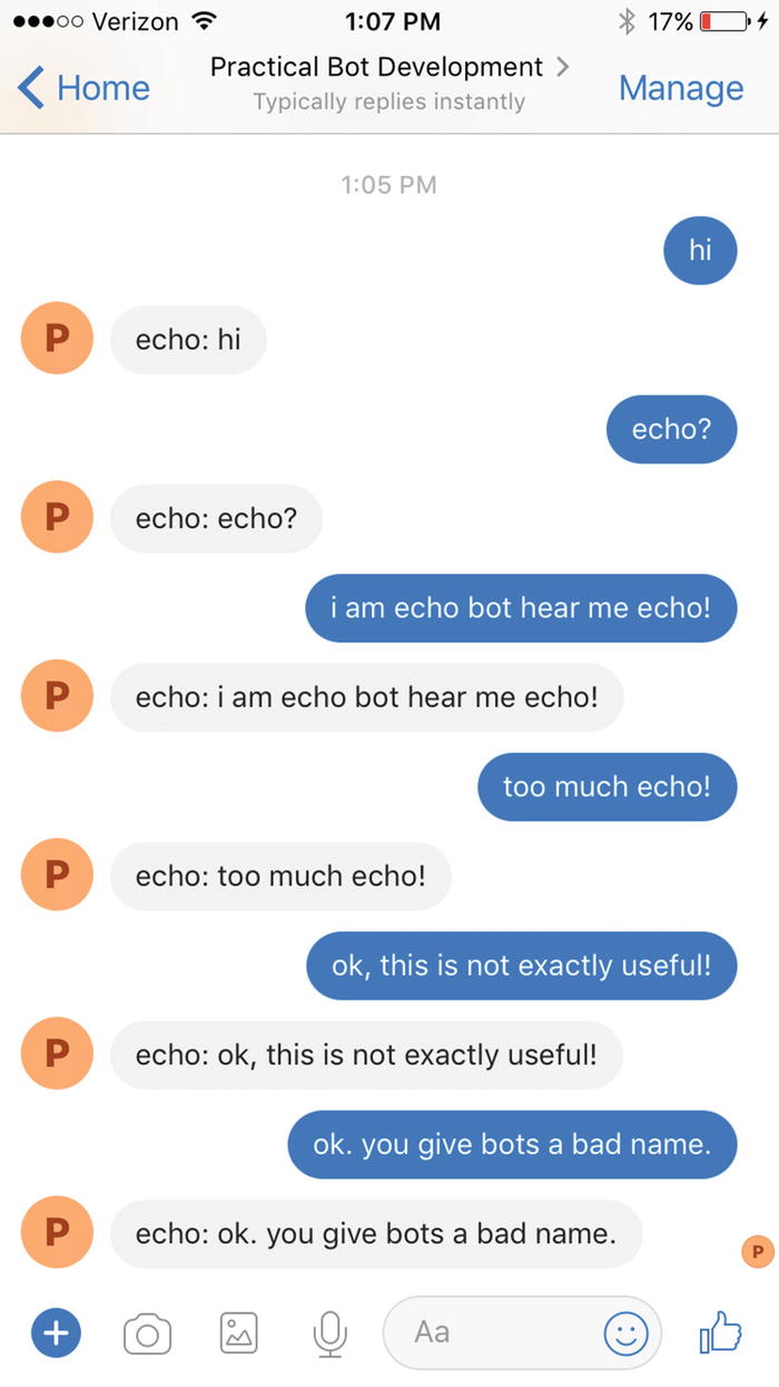 Figure 1-1 A simple echo bot This is a chat bot Basic and not terribly - photo 1