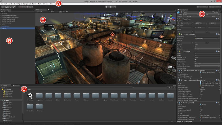 Figure 1-2 The Unity interface for Unity 4 in its default layout A The - photo 2