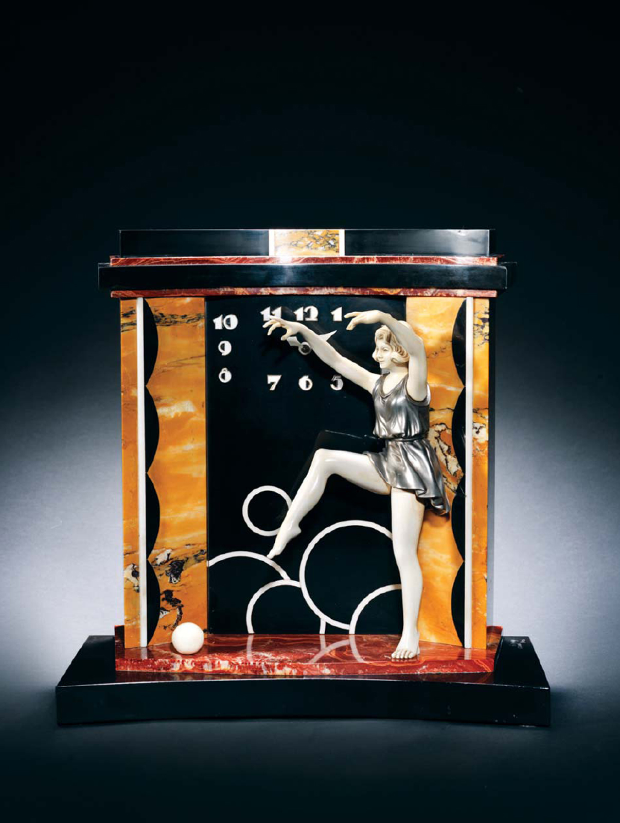 A cold-painted carved-ivory marble clock c 1930 by Armand Godard for Etling - photo 3