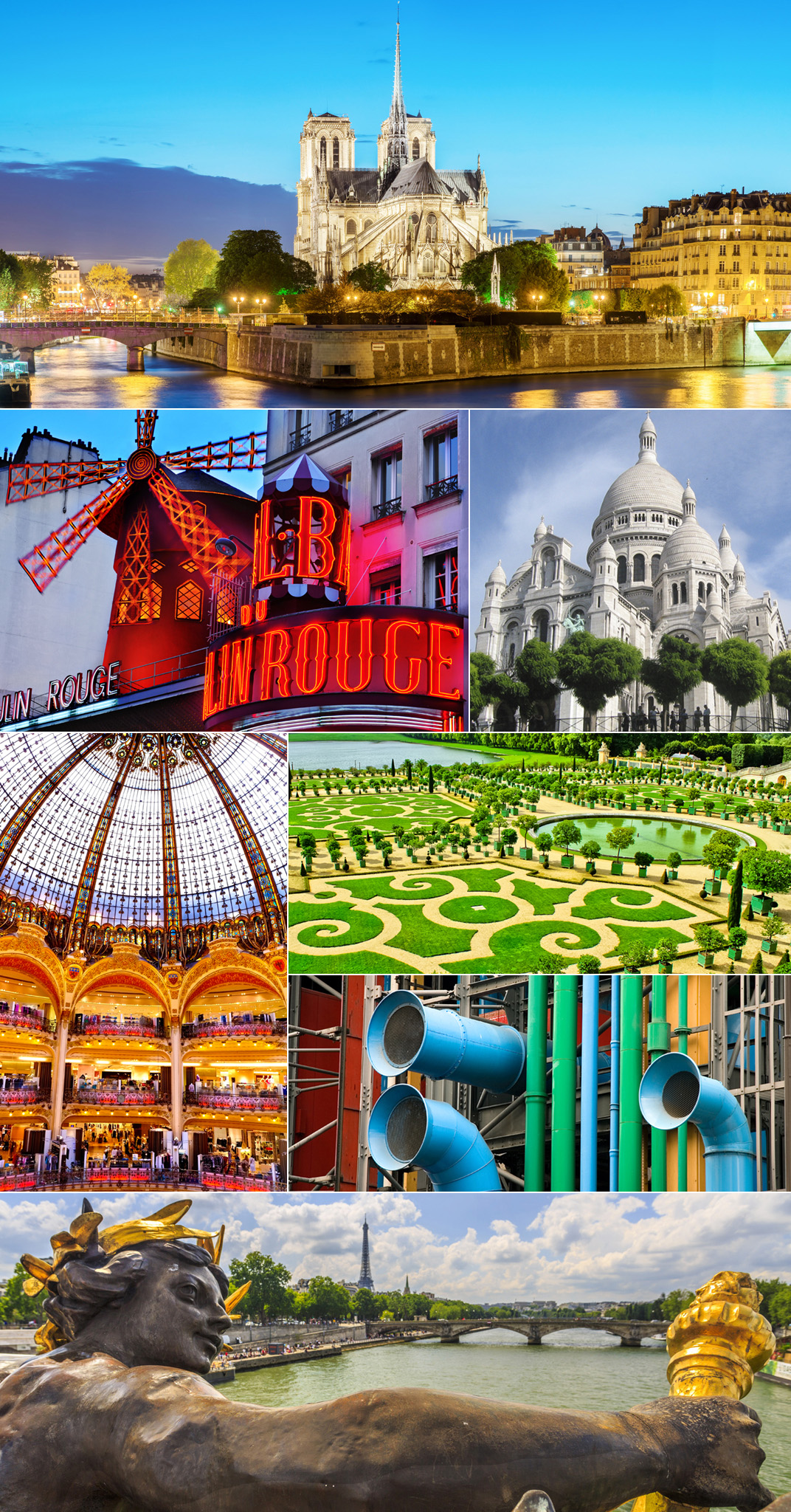 Top then clockwise Notre-Dame at sunset Sacr-Coeur Versailles gardens - photo 2