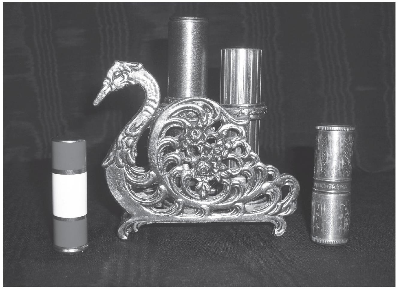 Brass lipstick caddy in the form of a swan c1950s60s with a selection of - photo 4