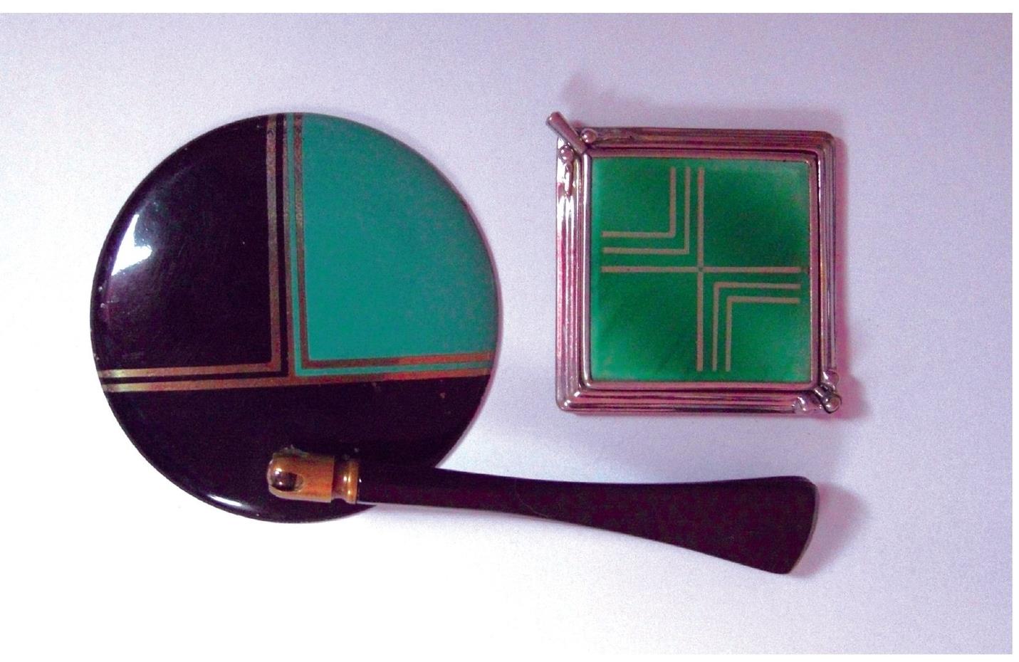 Art deco compact and mirror 1930s Mascot lipstick and pill box mint and - photo 7