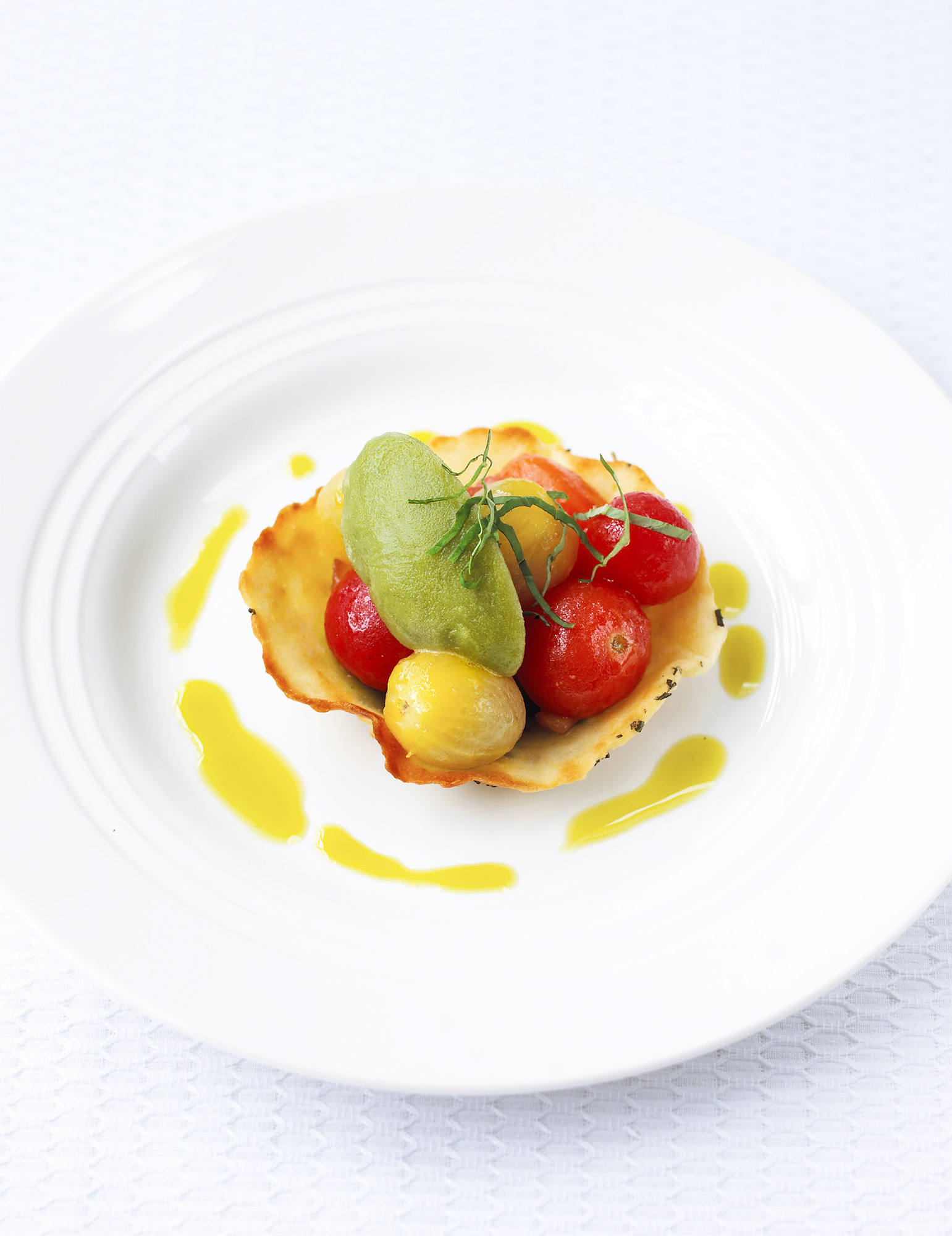 Tomato salad in a savoury tuile basket topped with a basil sorbet Tim - photo 9