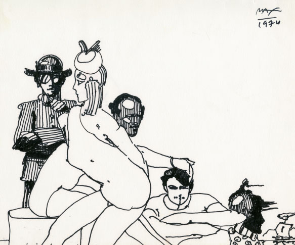 Ibiza Crowd 1974 pen and ink on paper 10 x 15 Mercury Dime Lady Profile - photo 13