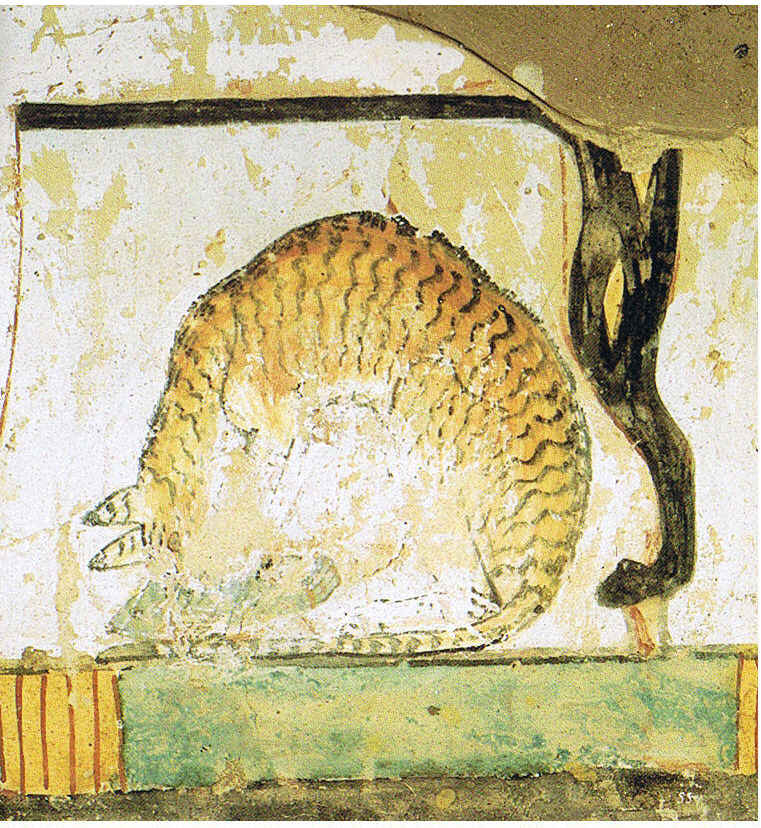 An ancient Egyptian mural of a cat eating fish under a chair About Charles - photo 1